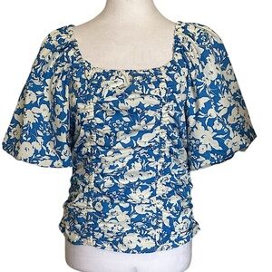 Gestuz Mynte Blouse Blue White Floral Ruched Square Neck Women’s Size 38 Fairy